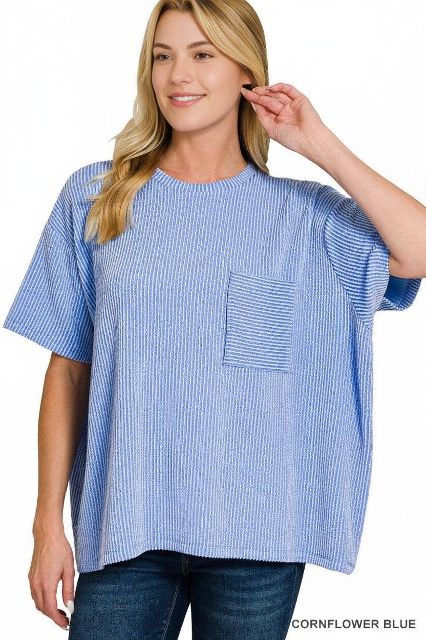 ` Corded Rib Short Sleeve Front Pocket Top  Zenana