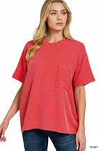 ` Corded Rib Short Sleeve Front Pocket Top  Zenana