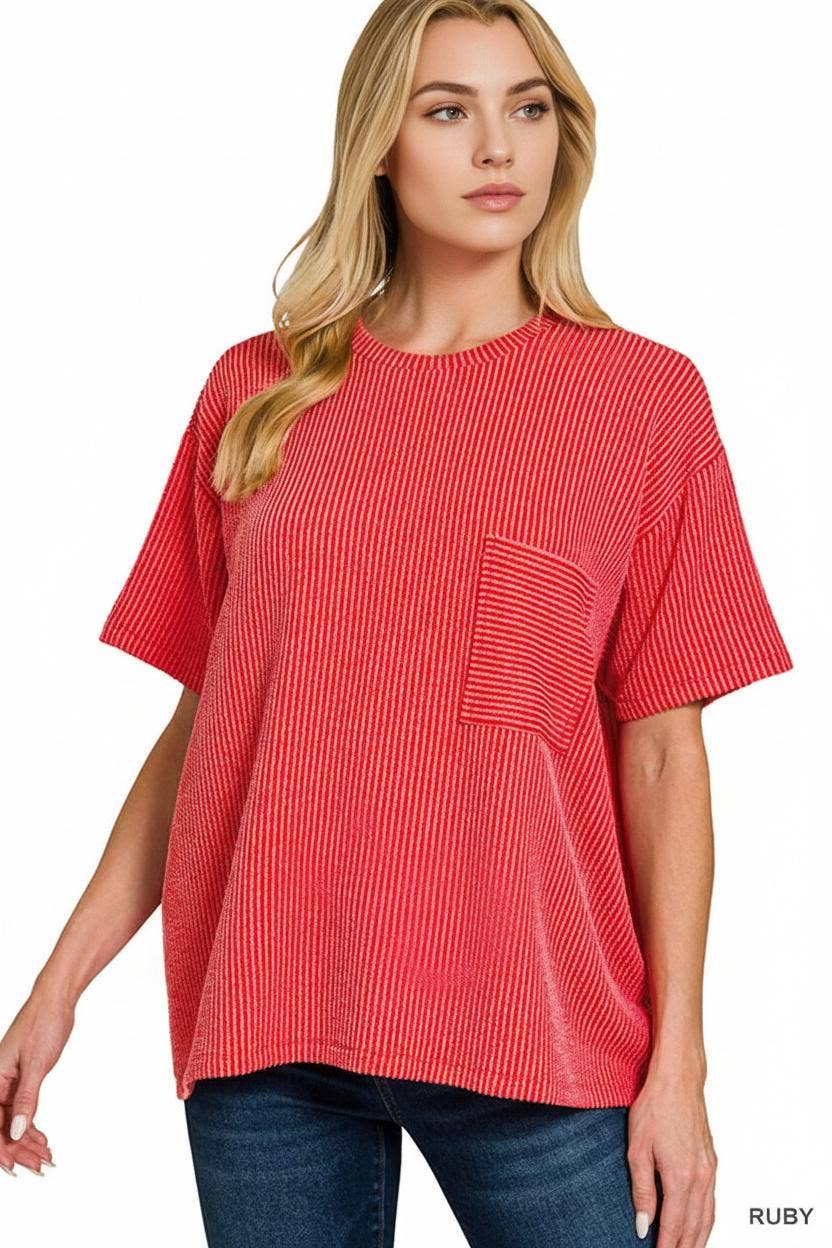 ` Corded Rib Short Sleeve Front Pocket Top  Zenana