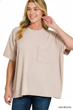 ` Corded Rib Short Sleeve Front Pocket Top  Zenana