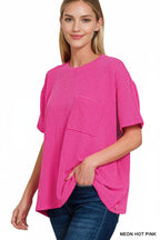 ` Corded Rib Short Sleeve Front Pocket Top  Zenana