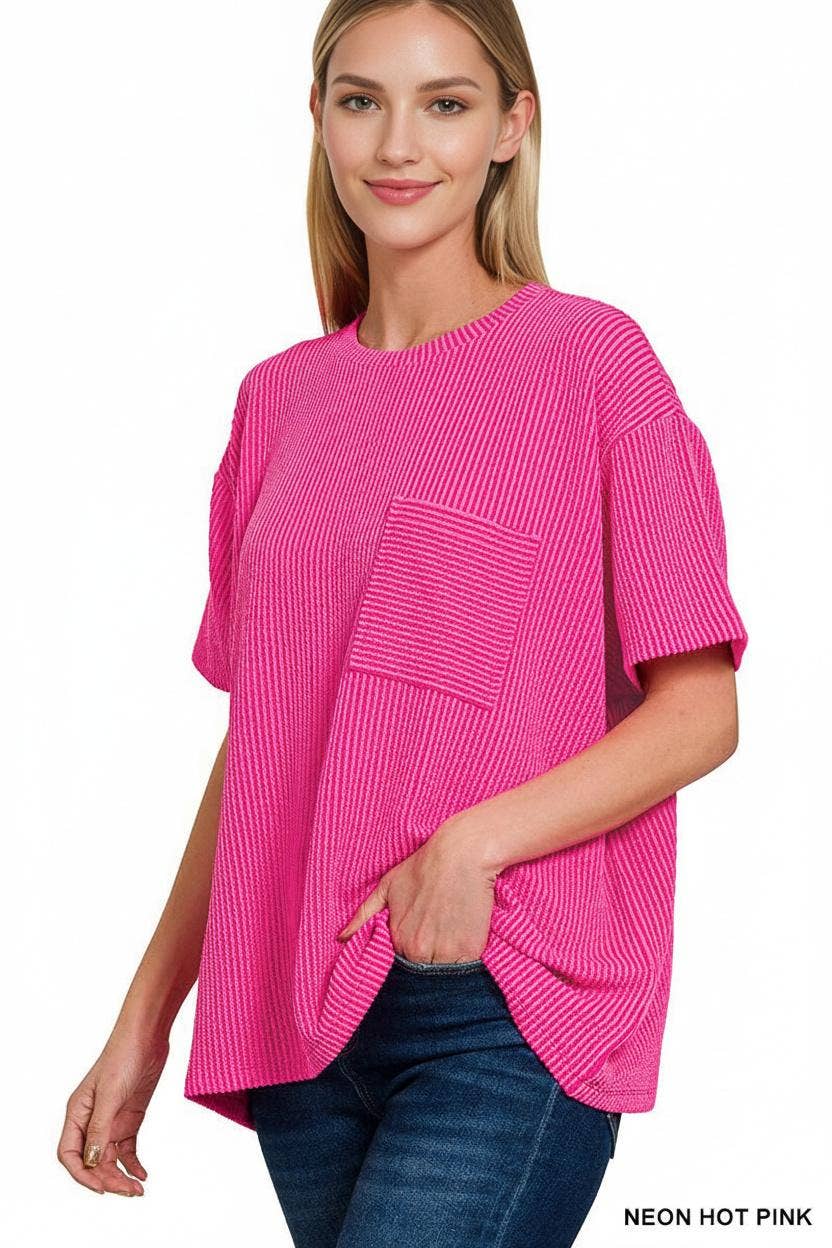 ` Corded Rib Short Sleeve Front Pocket Top  Zenana