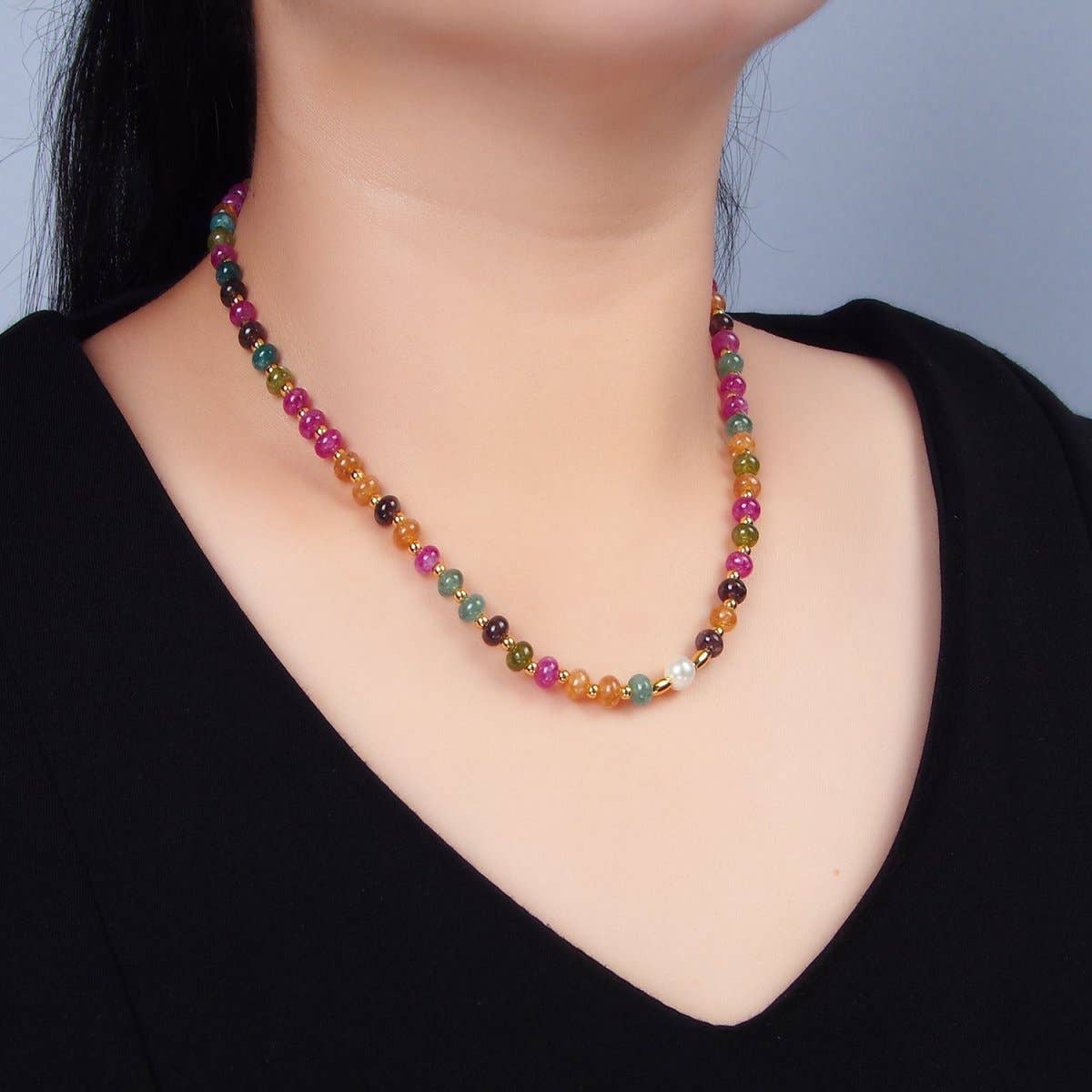 24K Gold Filled Multicolor Agate Shell Pearl Bead 16 Inch Necklace | WA-2644