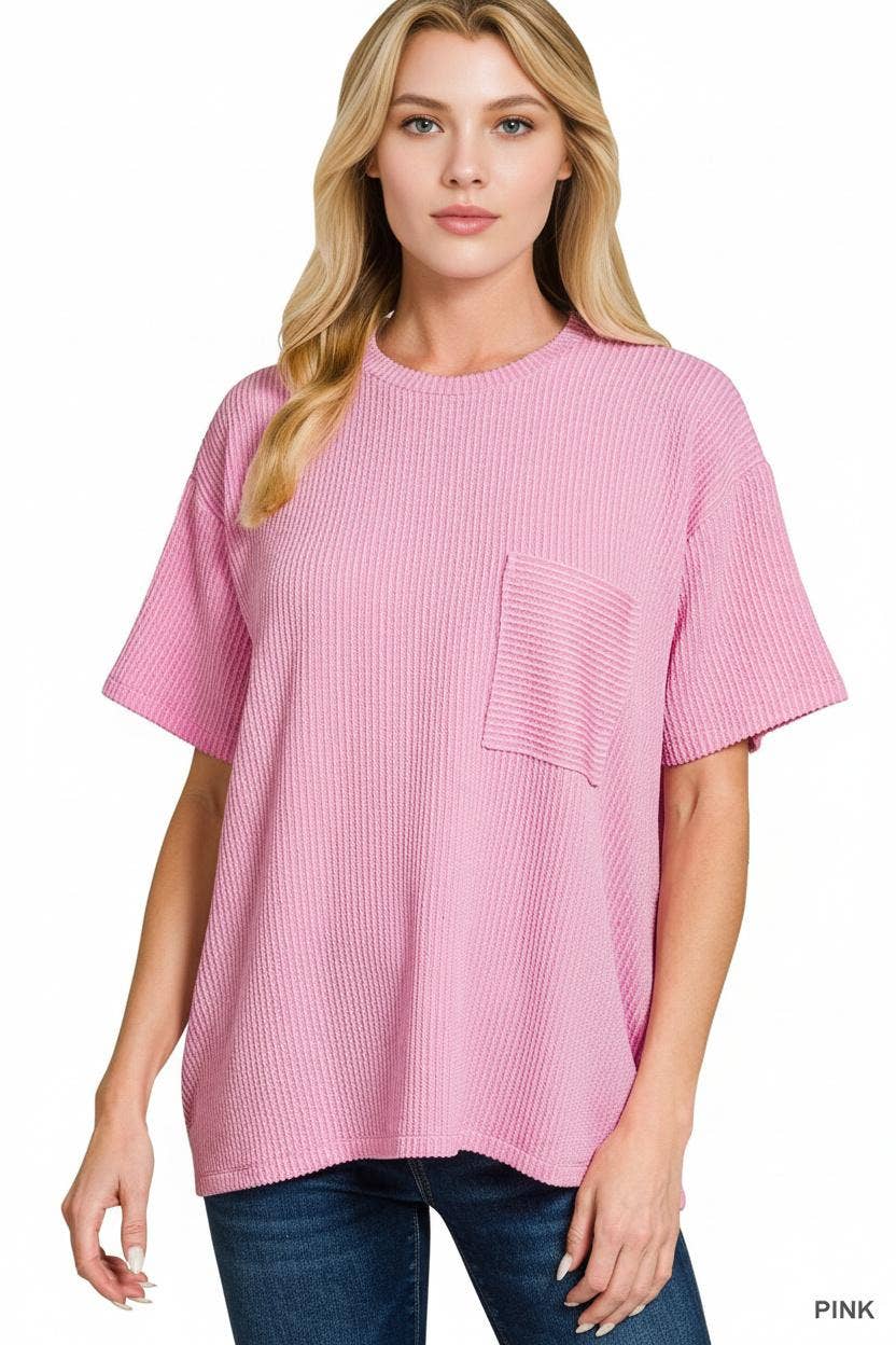 ` Corded Rib Short Sleeve Front Pocket Top  Zenana